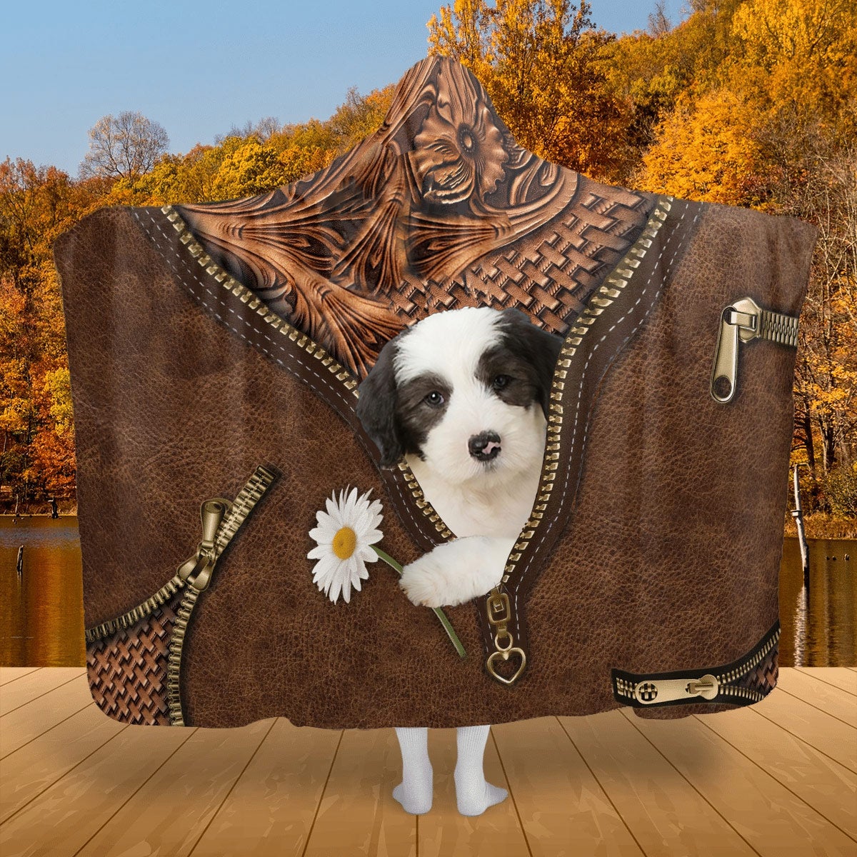 Old English Sheepdog Holding Daisy Hooded Blanket