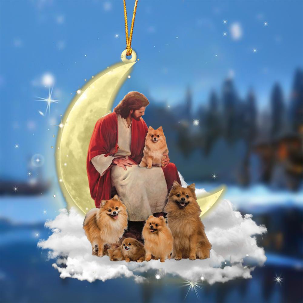 God Surrounded By Pomeranians On The Moon Hanging Ornament