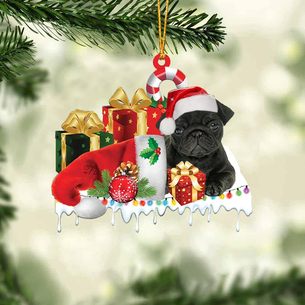 PUG (Black) Merry Christmas Hanging Ornament-0211