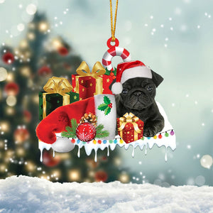 PUG (Black) Merry Christmas Hanging Ornament-0211
