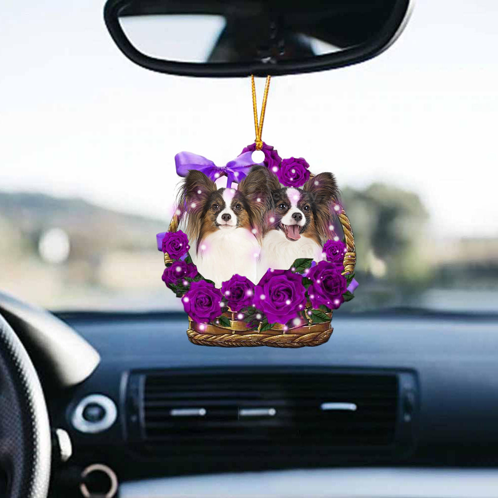 Papillion Purple Rose Wicker Basket Car Hanging Ornament