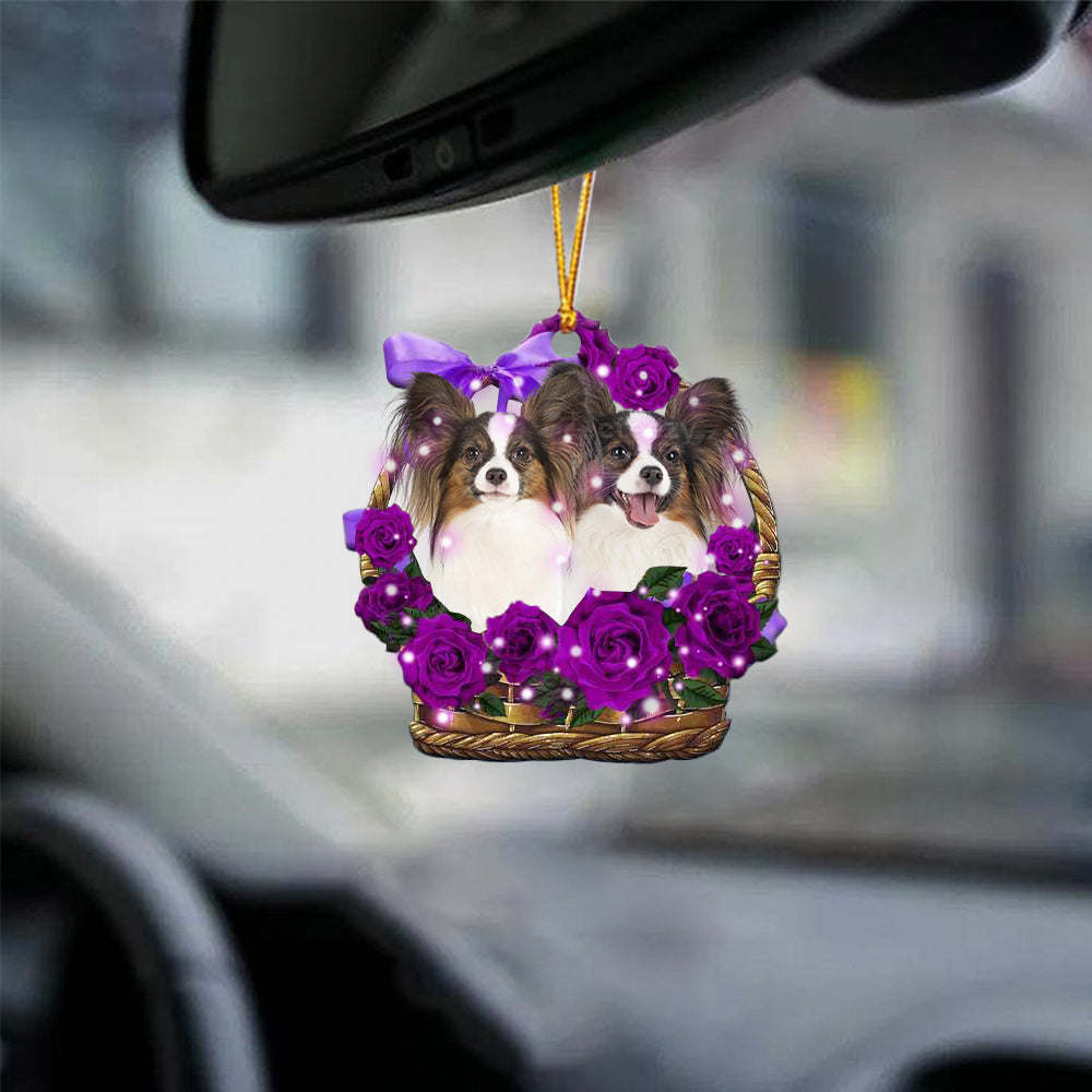 Papillion Purple Rose Wicker Basket Car Hanging Ornament