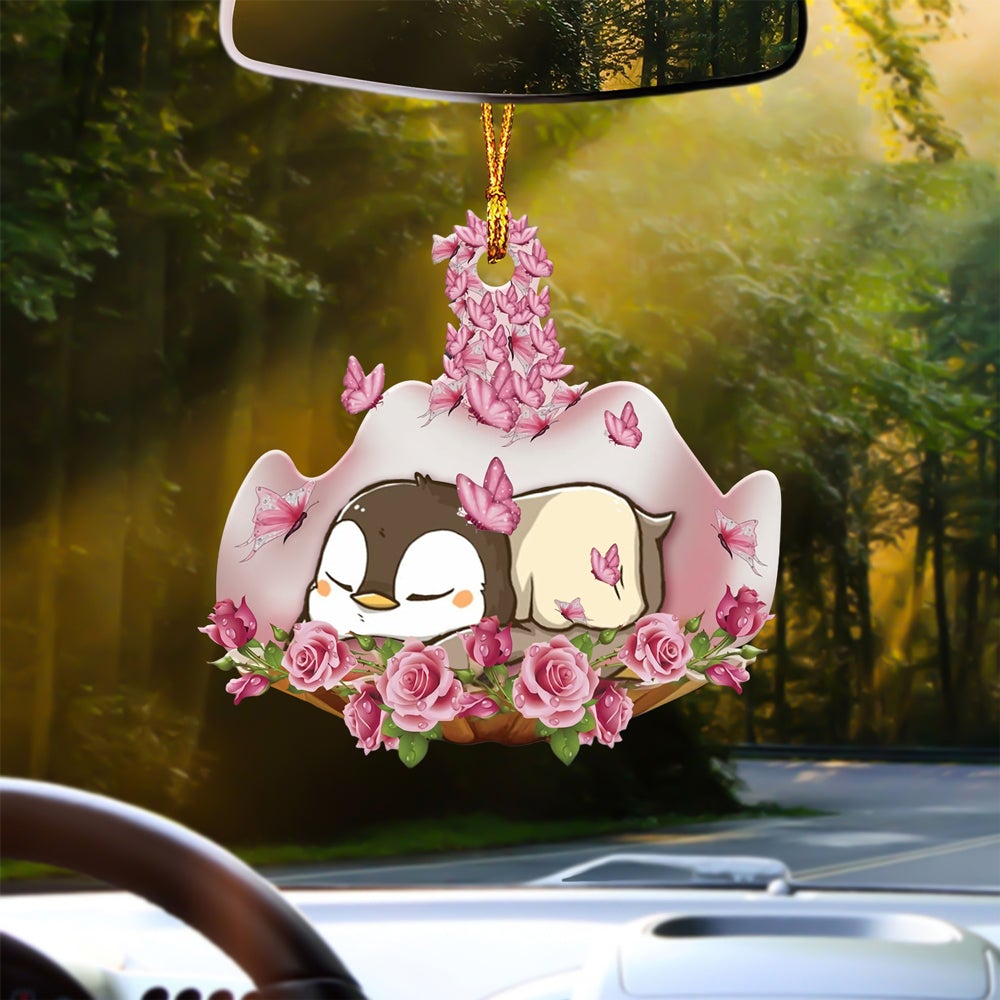 Penguin Sleeping In Rose Garden Car Hanging Ornament