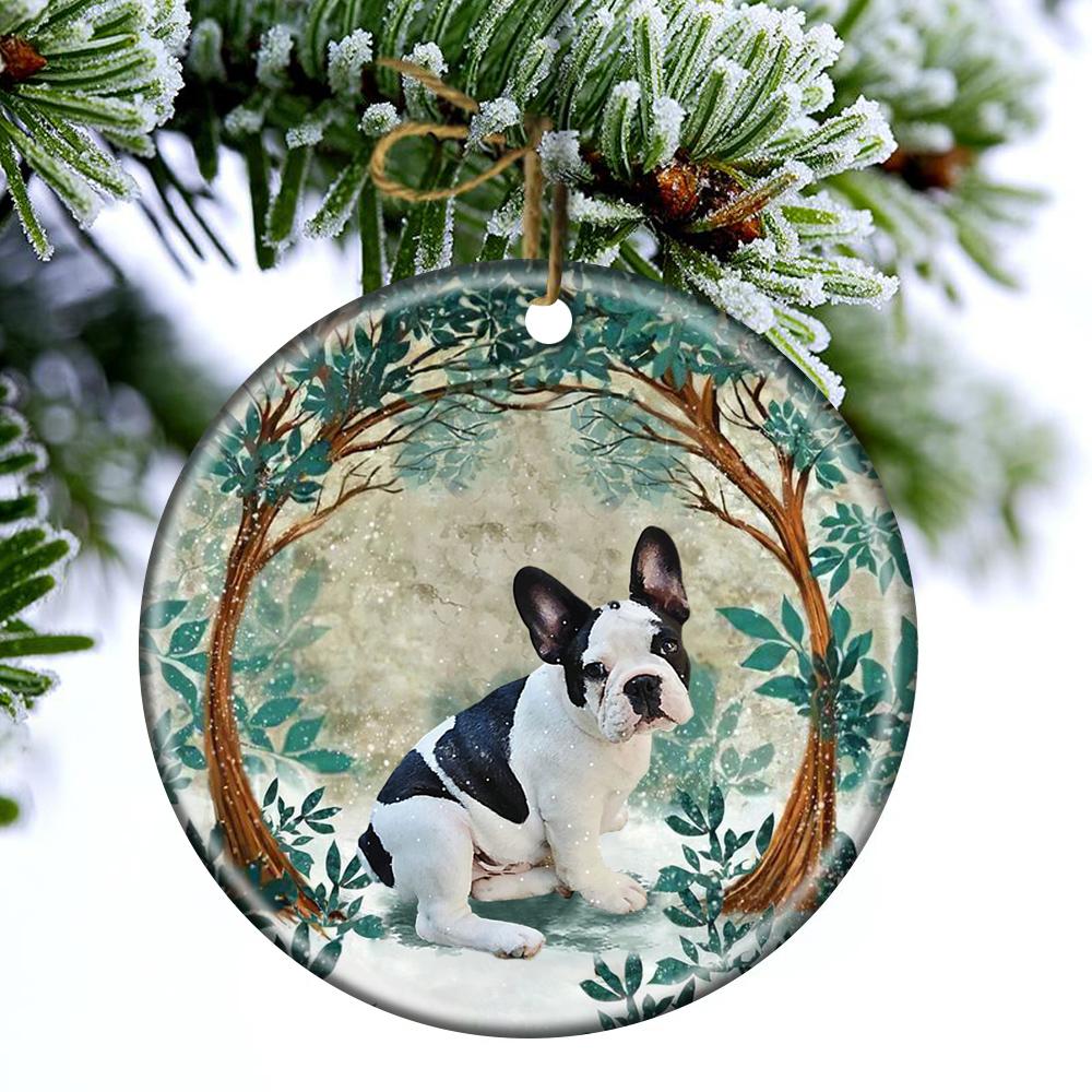 Pied French Bulldog Among Forest Porcelain/Ceramic Ornament