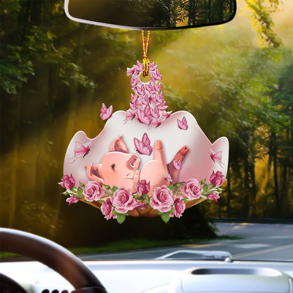 Pig Sleeping In Rose Garden Car Hanging Ornament
