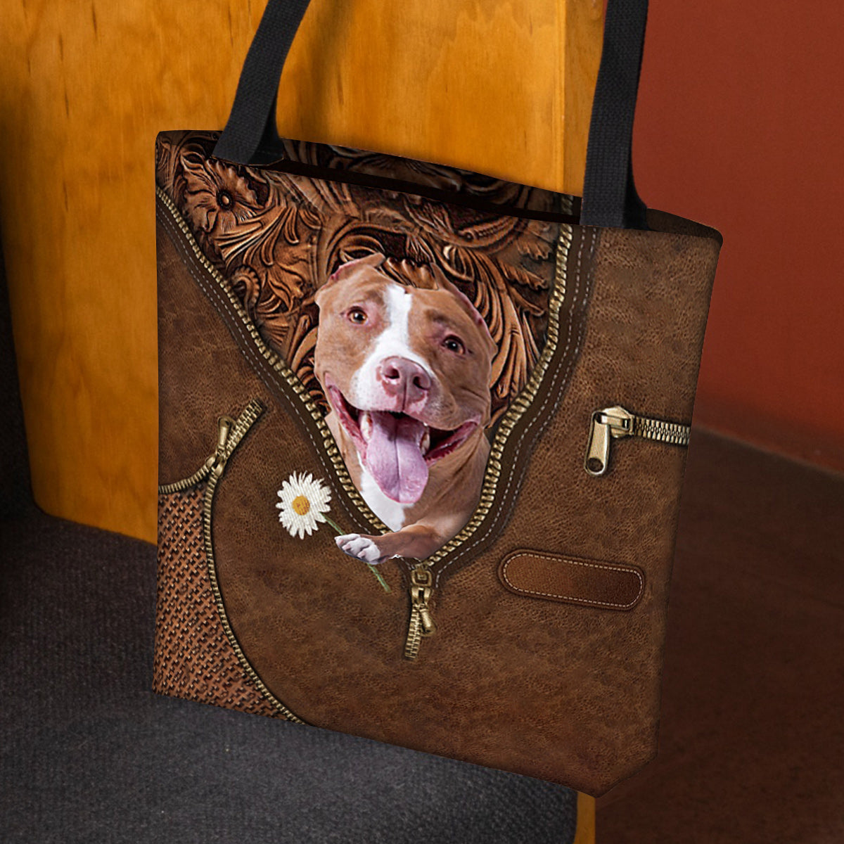 Pitbull Holding Daisy Tote Bag
