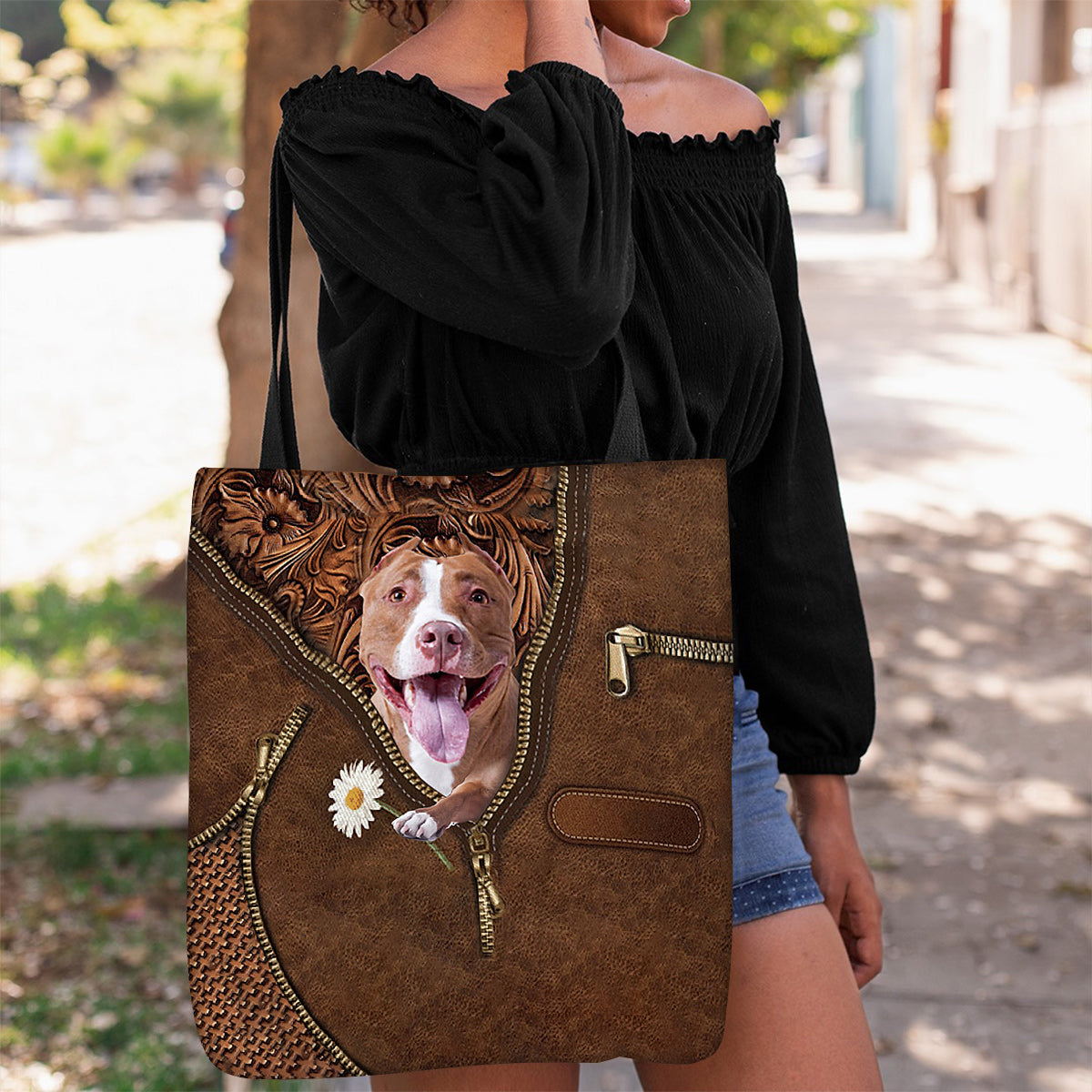 Pitbull Holding Daisy Tote Bag