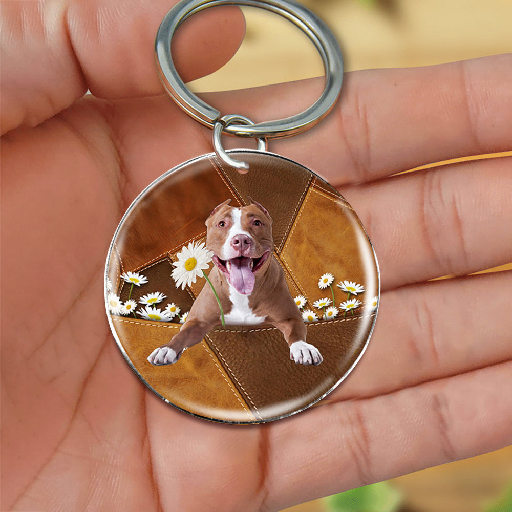 Pitbull 02 Holding Daisy-Round Resin Epoxy Metal Keychain