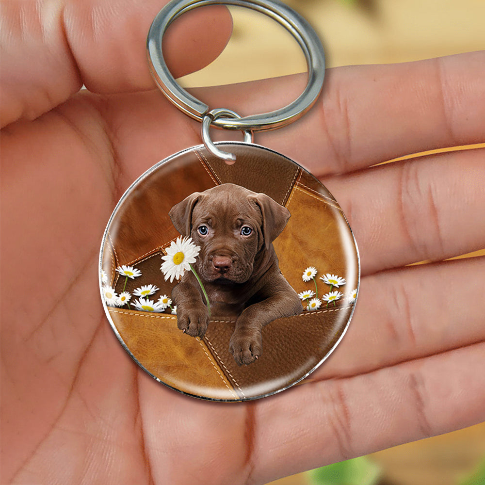 Pitbull  Holding Daisy-Round Resin Epoxy Metal Keychain