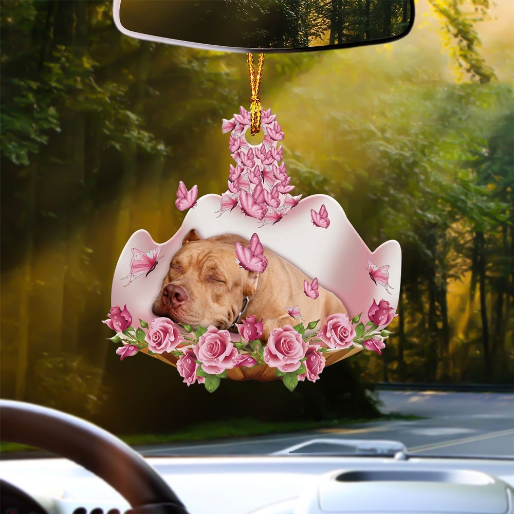 Pitbull Sleeping In Rose Garden Car Hanging Ornament