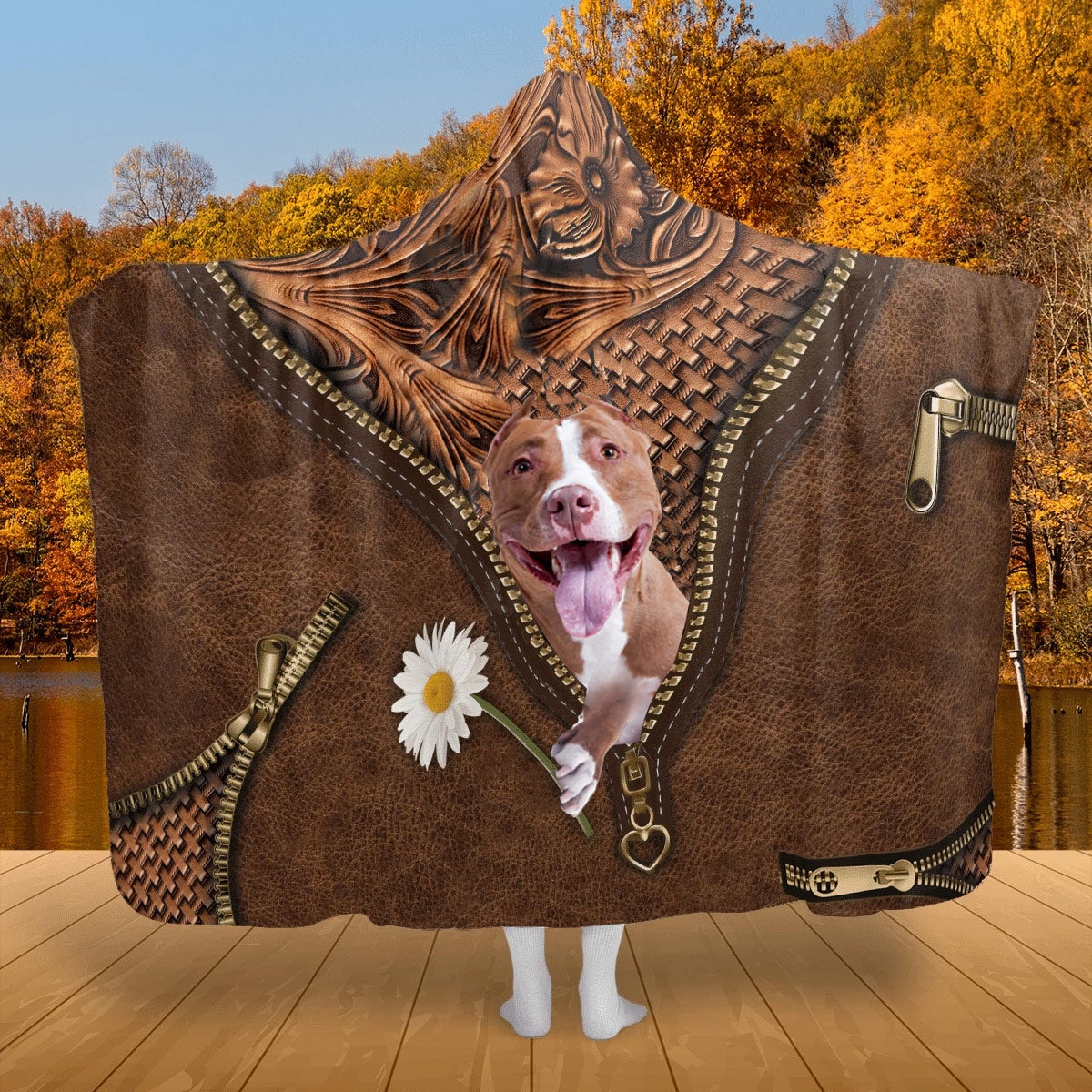 Pitbull Holding Daisy Hooded Blanket