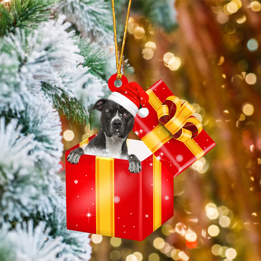 Pitbull In Red Gift Box Christmas Ornament