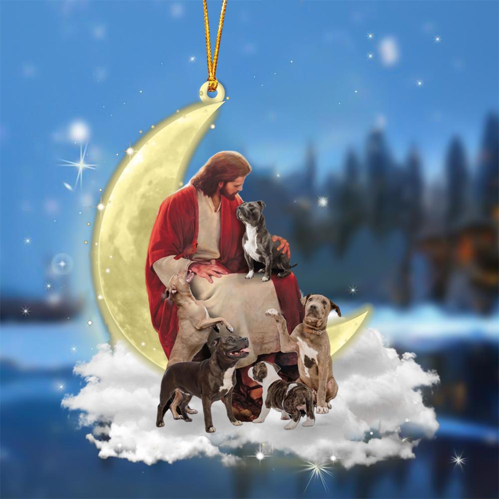 God Surrounded By Pitbulls On The Moon Hanging Ornament
