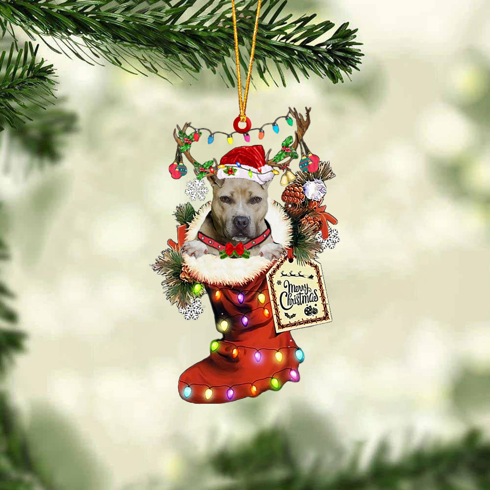 Pitbull In Red Boot Christmas Ornament