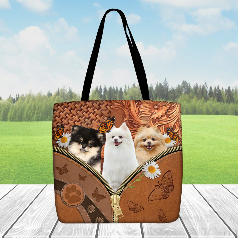 Pomeranian Daisy Flower And Butterfly Tote Bag