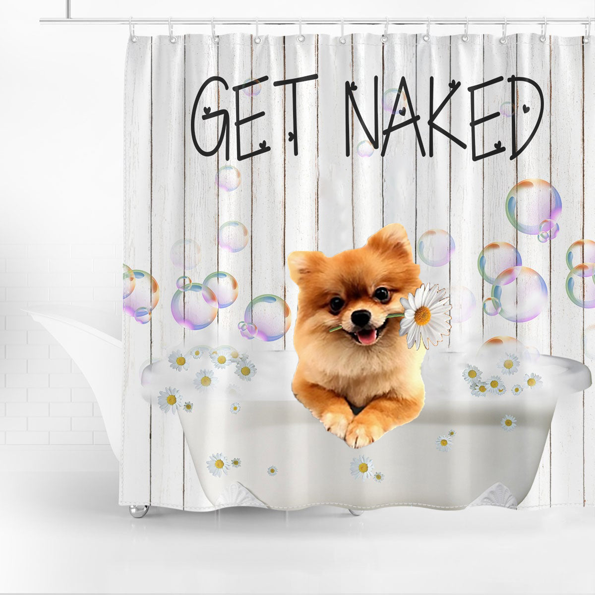 Pomeranian Get Naked Daisy Shower Curtain