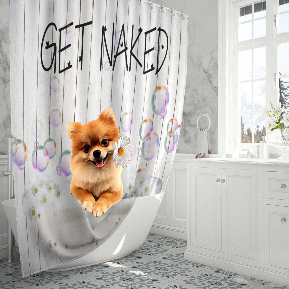Pomeranian Get Naked Daisy Shower Curtain