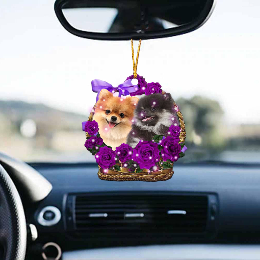 Pomeranian Purple Rose Wicker Basket Car Hanging Ornament