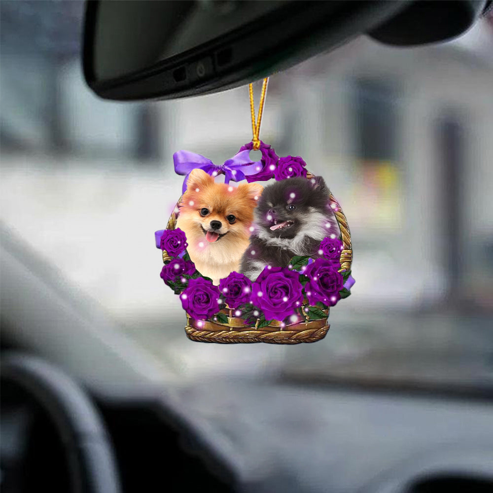 Pomeranian Purple Rose Wicker Basket Car Hanging Ornament