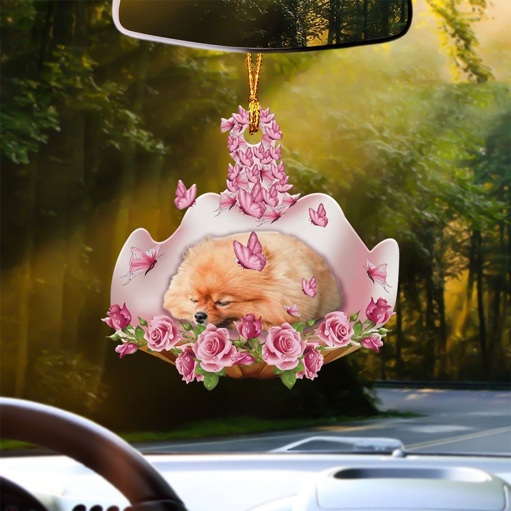 Pomeranian Sleeping In Rose Garden Car Hanging Ornament