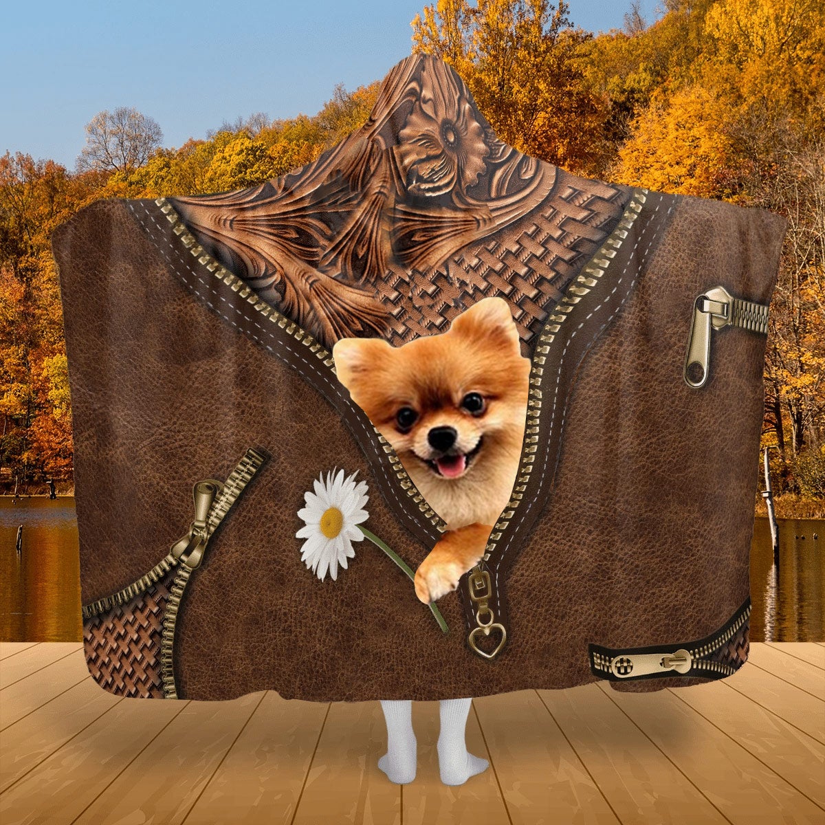 Pomeranian Holding Daisy Hooded Blanket