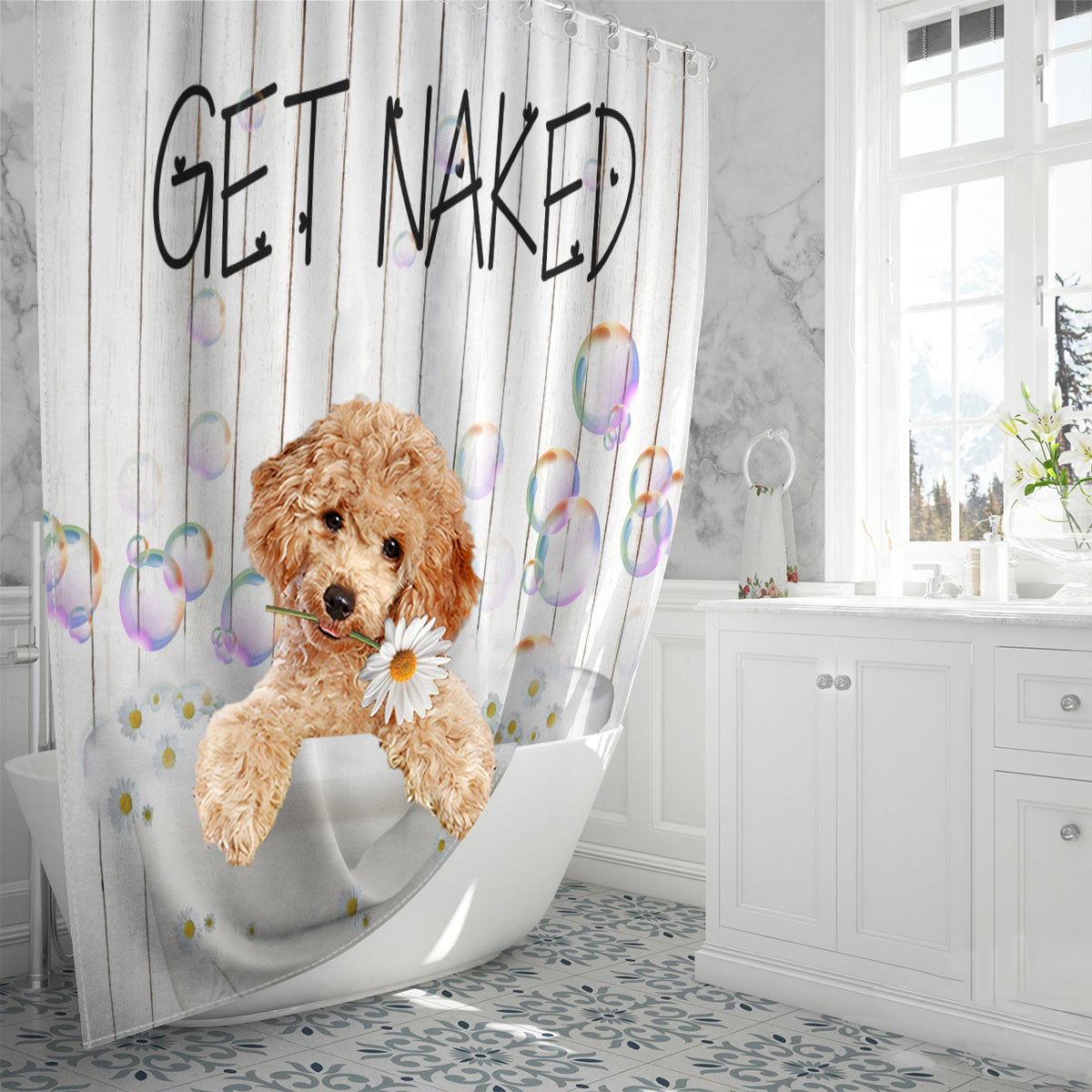 Poodle 2 Get Naked Daisy Shower Curtain