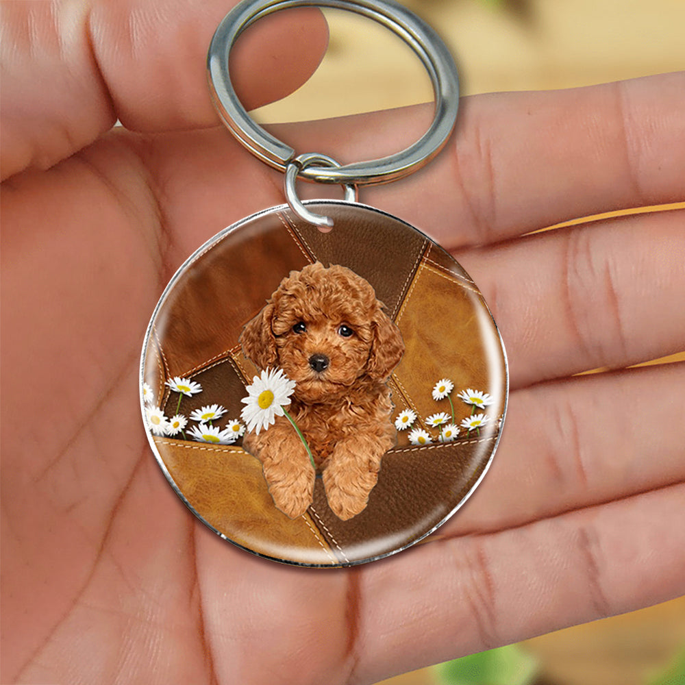 Poodle03 Holding Daisy-Round Resin Epoxy Metal Keychain