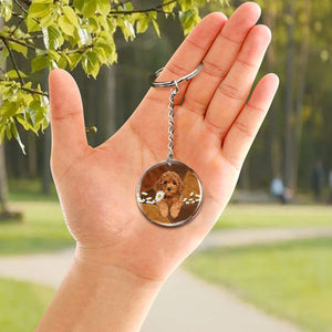 Poodle03 Holding Daisy-Round Resin Epoxy Metal Keychain
