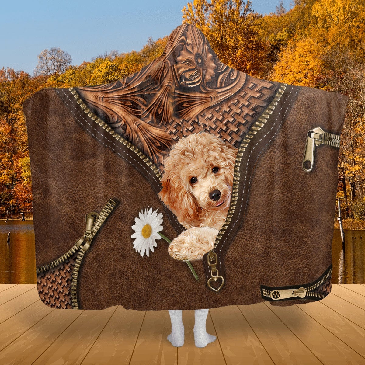 Poodle 2 Holding Daisy Hooded Blanket
