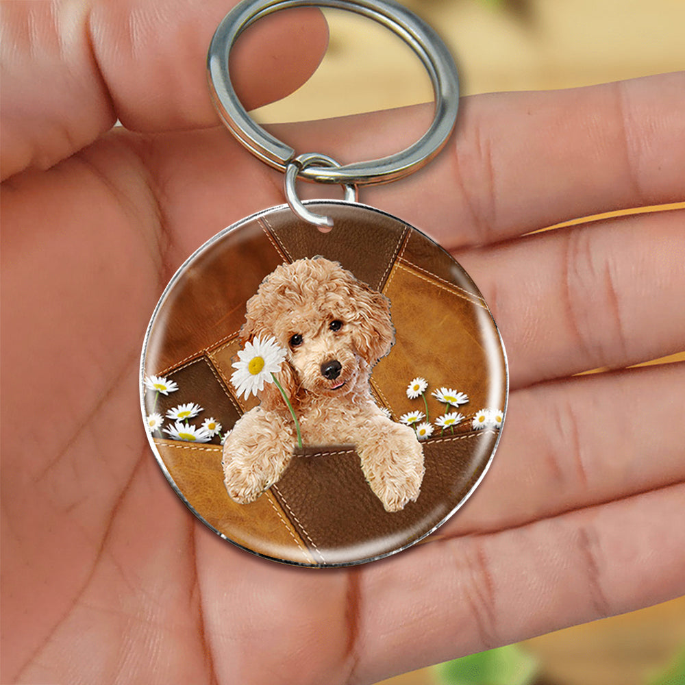 Poodle01 Holding Daisy-Round Resin Epoxy Metal Keychain