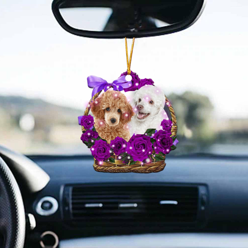Poodle Purple Rose Wicker Basket Car Hanging Ornament