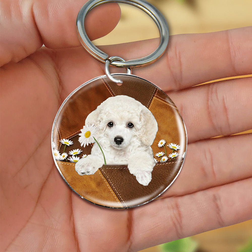 Poodle02 Holding Daisy-Round Resin Epoxy Metal Keychain