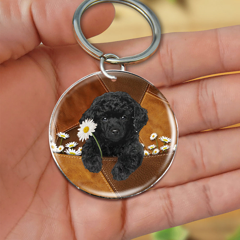 Poodle04 Holding Daisy-Round Resin Epoxy Metal Keychain