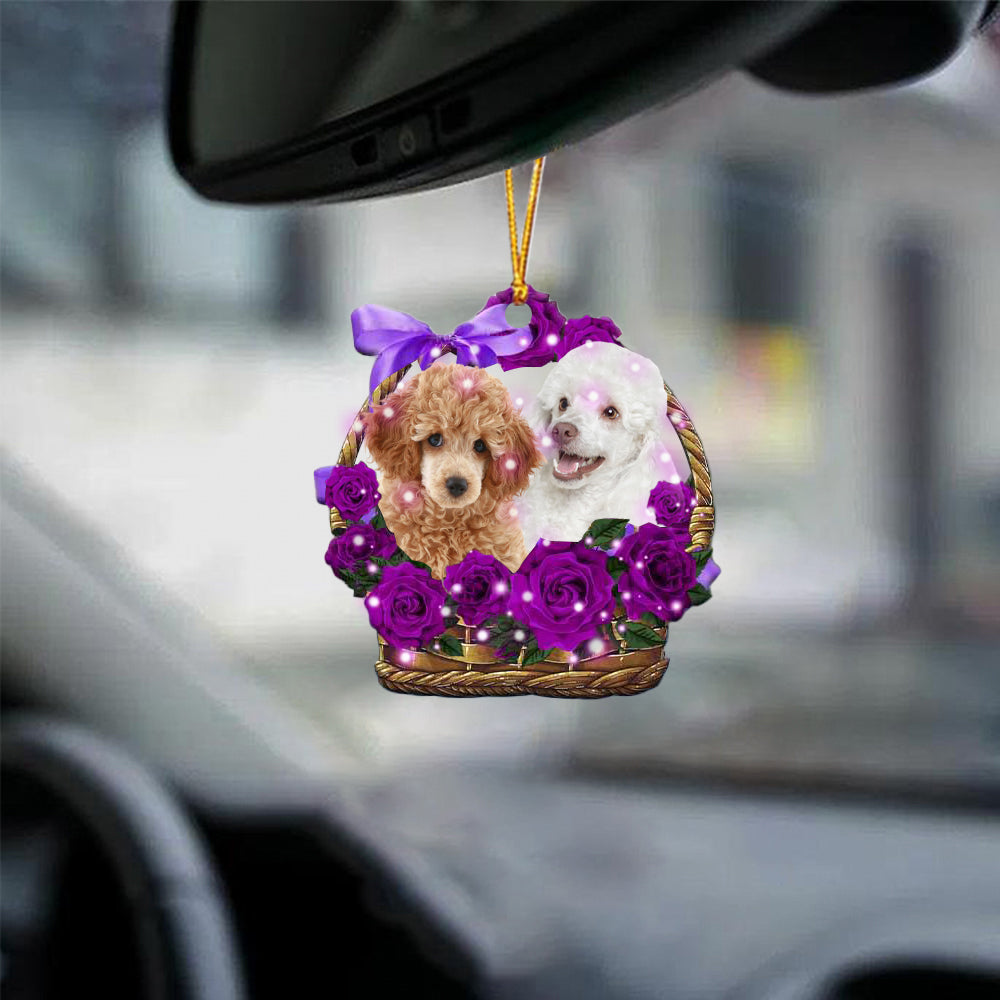 Poodle Purple Rose Wicker Basket Car Hanging Ornament