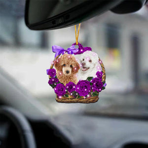 Poodle Purple Rose Wicker Basket Car Hanging Ornament