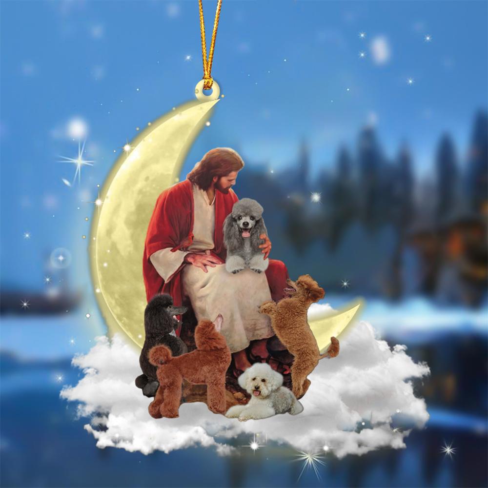 God Surrounded By Poodles On The Moon Hanging Ornament