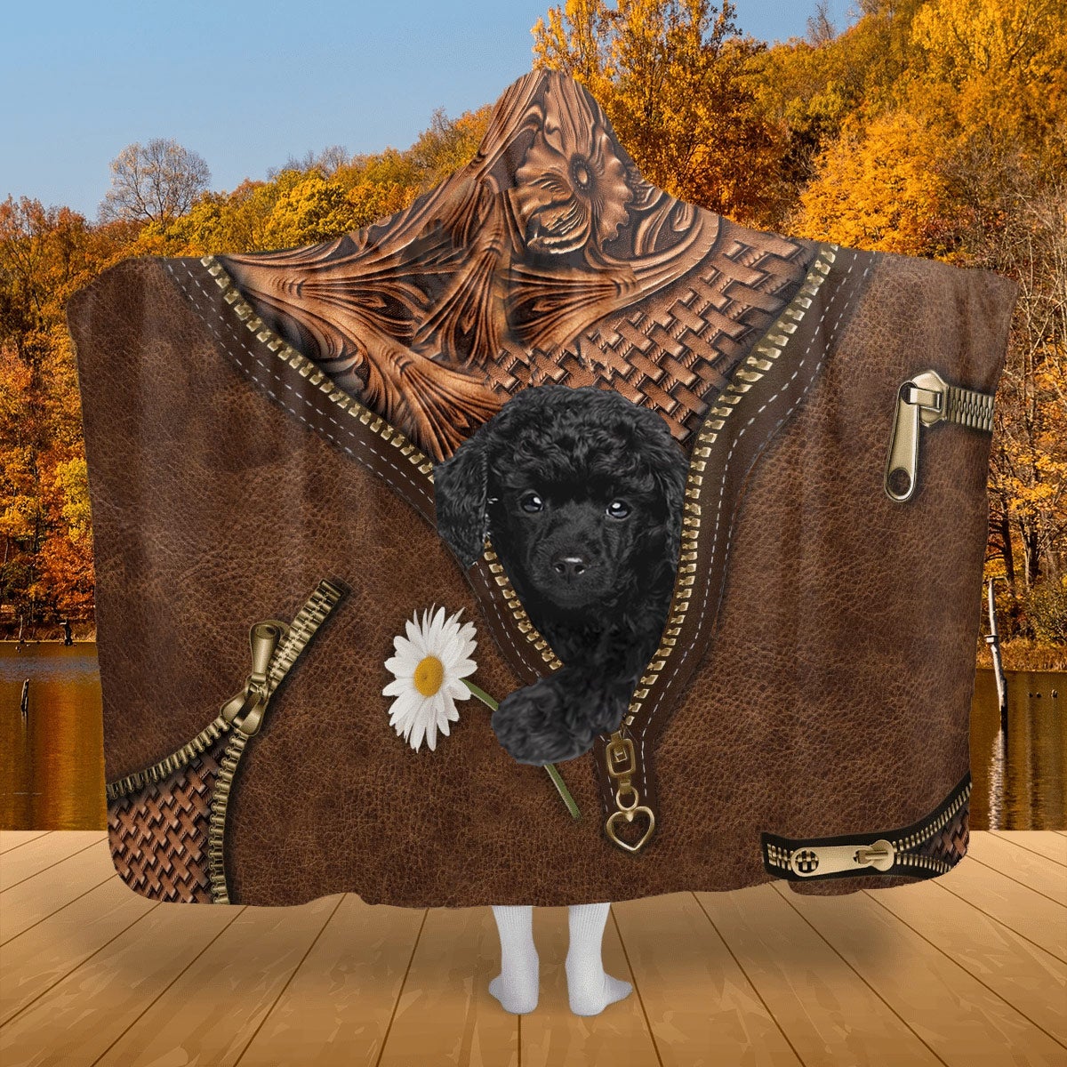 Poodle Holding Daisy Hooded Blanket