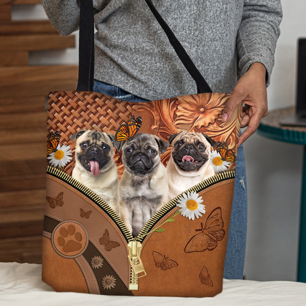 Pug Daisy Flower And Butterfly Tote Bag