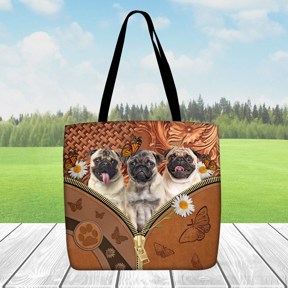 Pug Daisy Flower And Butterfly Tote Bag