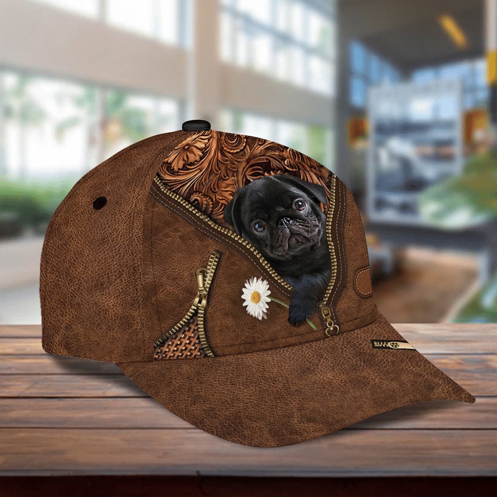 Black Pug Holding Daisy Unisex Cap