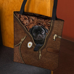 Black Pug Holding Daisy Tote Bag