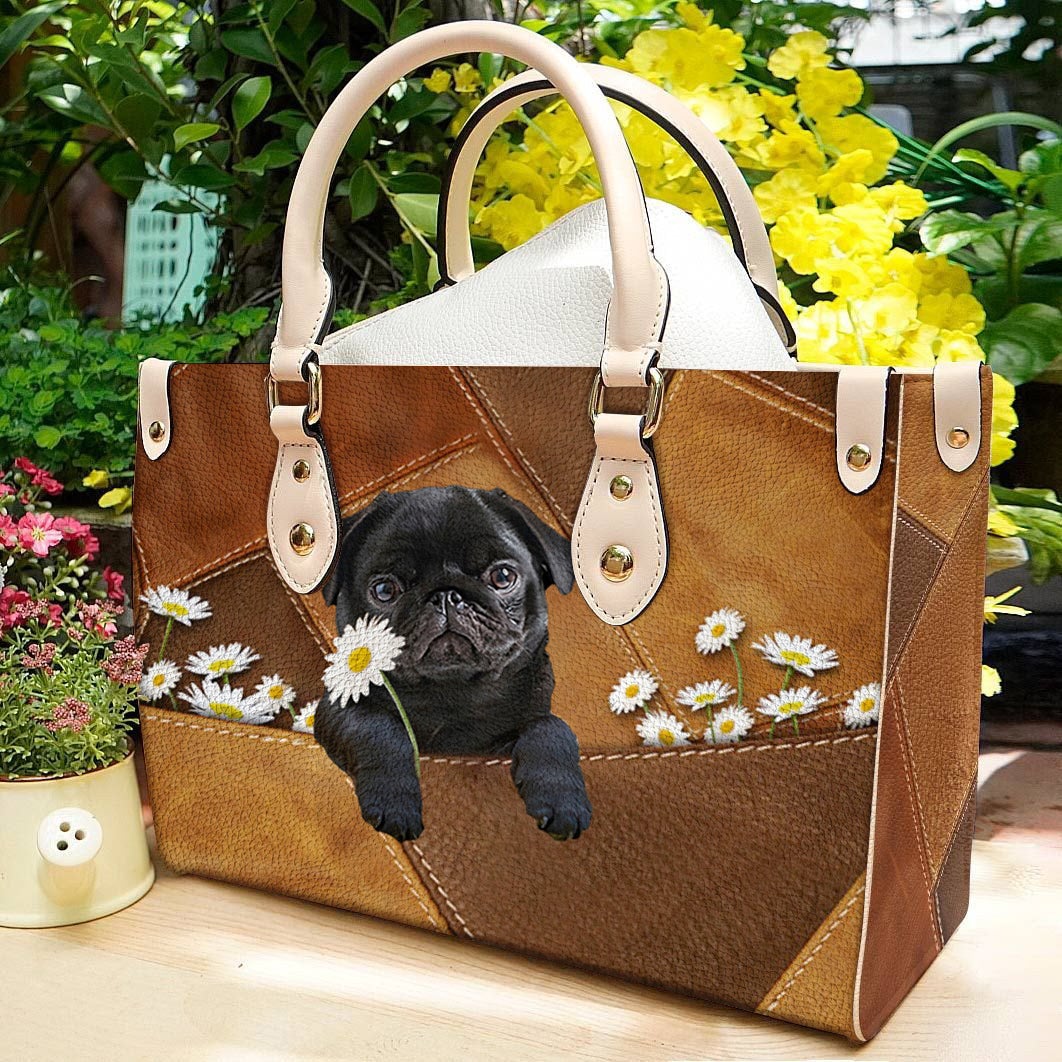 Pug 2 Holding Daisy Leather Bag