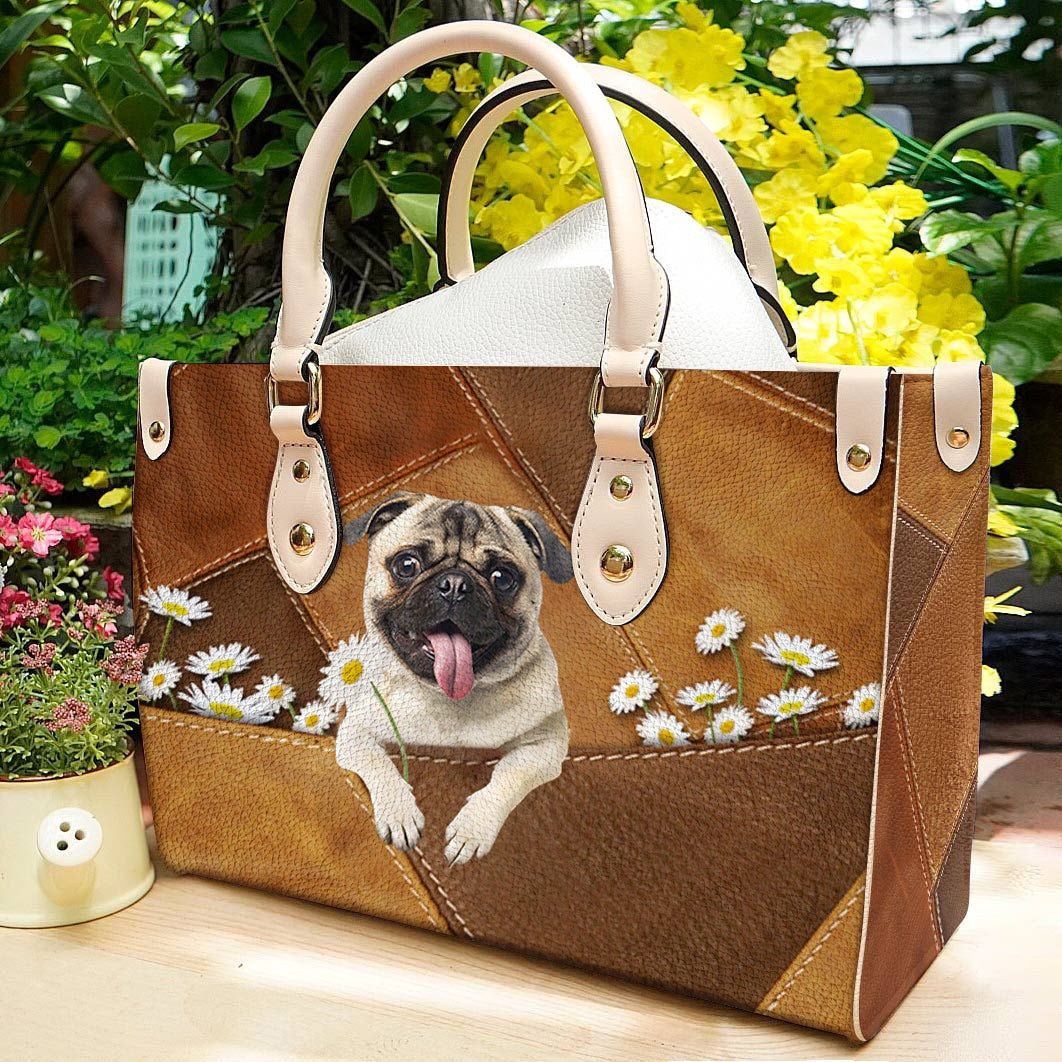 Pug Holding Daisy Leather Bag