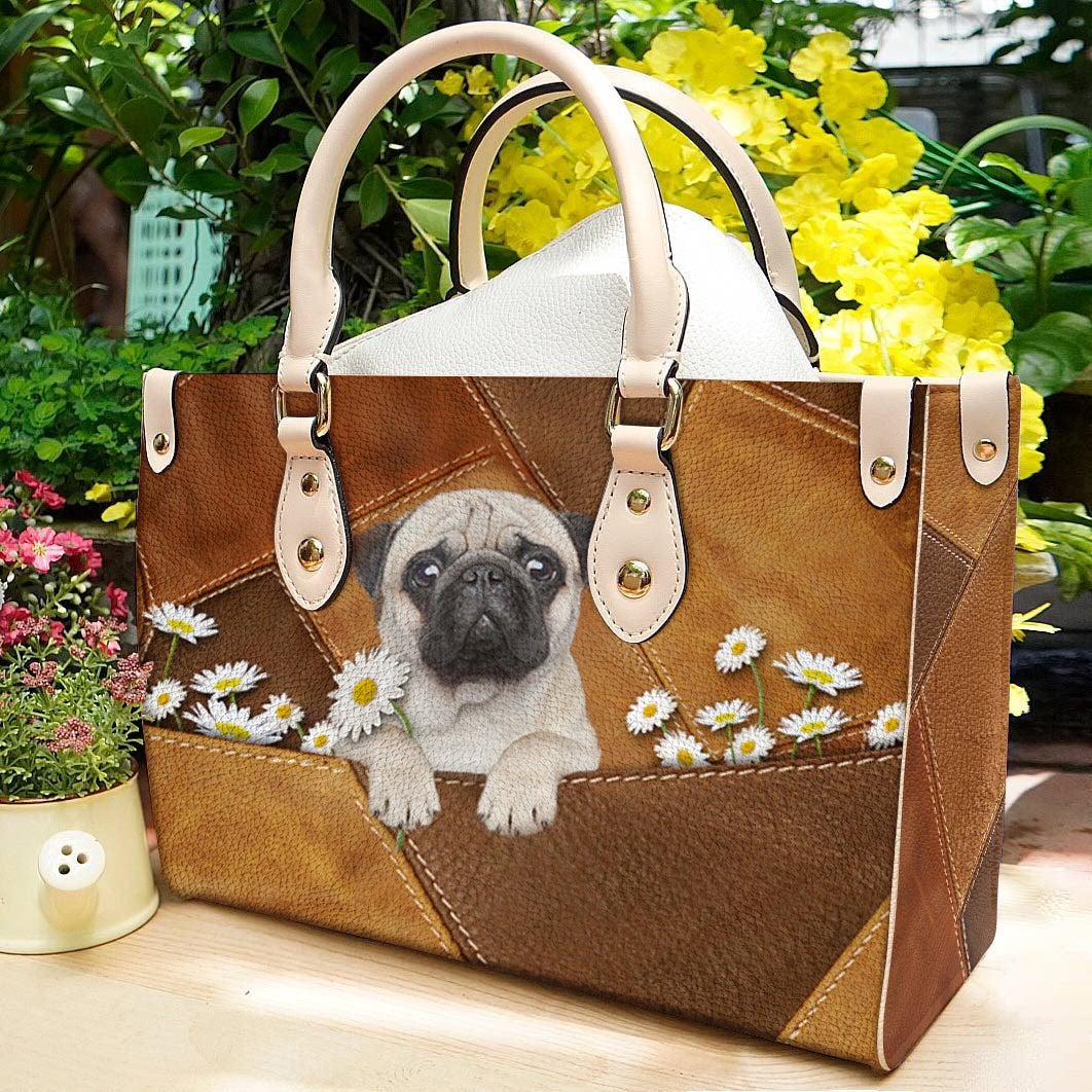 Pug 3 Holding Daisy Leather Bag