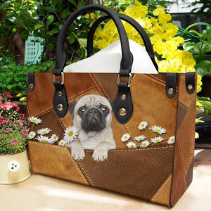Pug 3 Holding Daisy Leather Bag