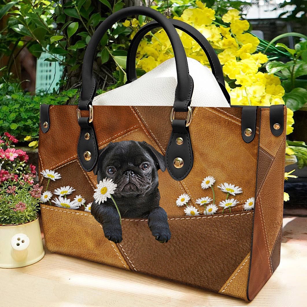 Pug 2 Holding Daisy Leather Bag