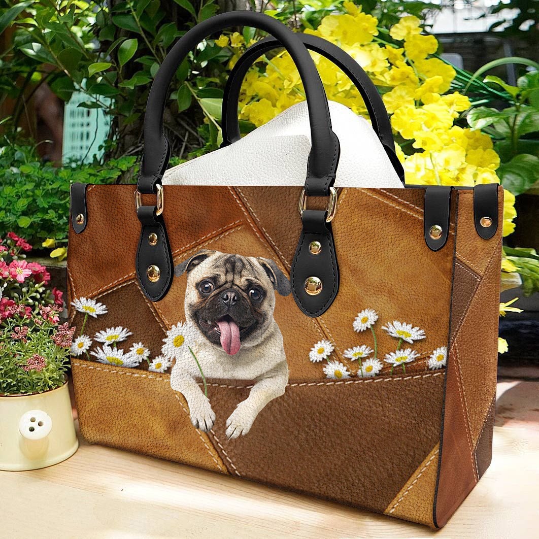 Pug Holding Daisy Leather Bag