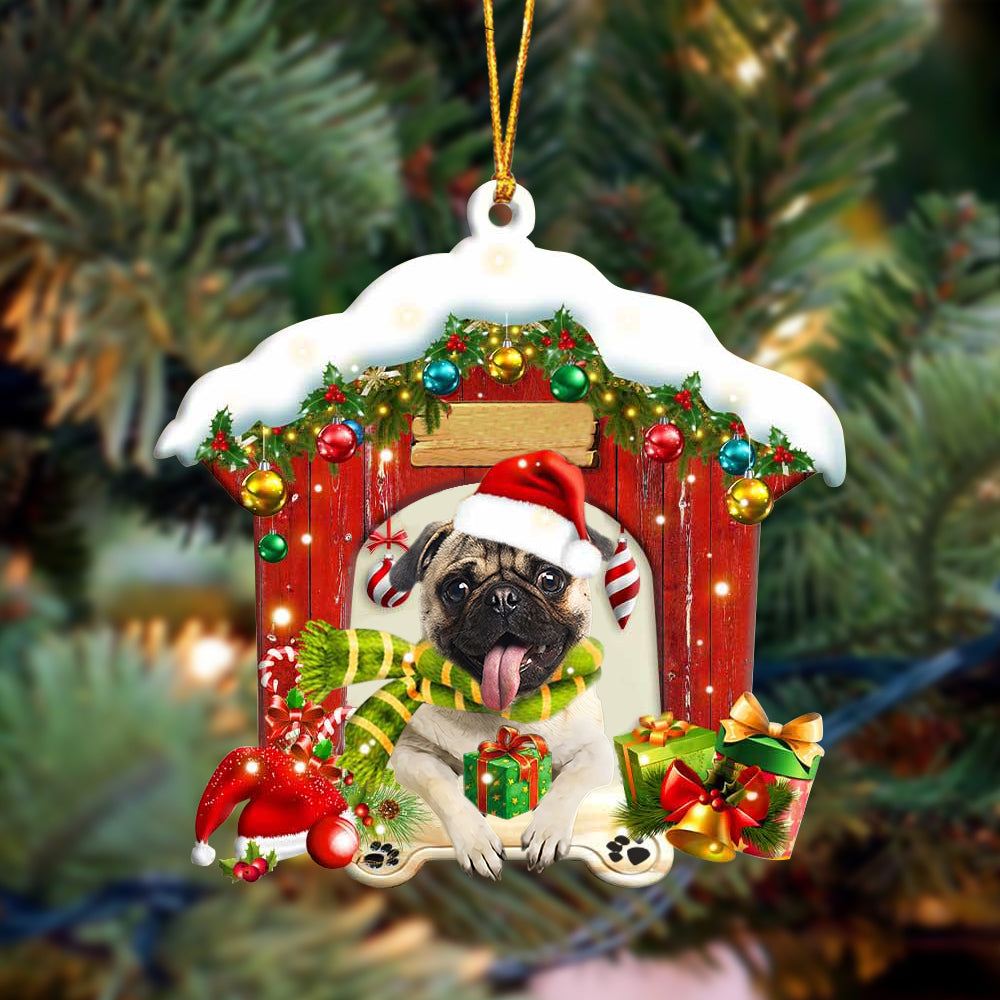 Pug 2 In Red Wood House Christmas Ornament