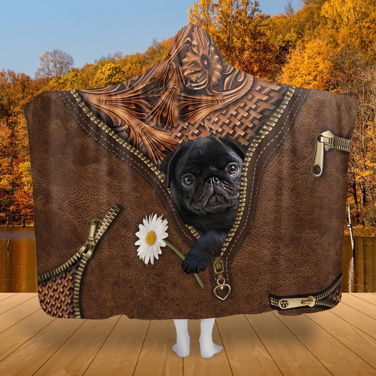Pug 2 Holding Daisy Hooded Blanket