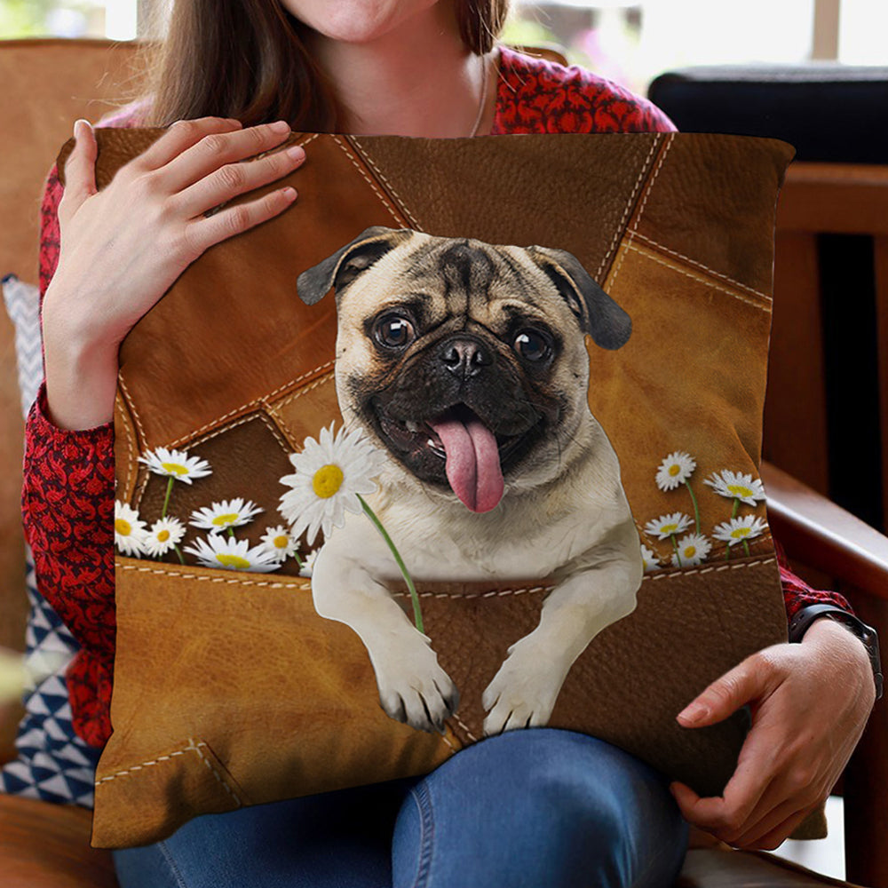 Pug Holding Daisy Pillow Case